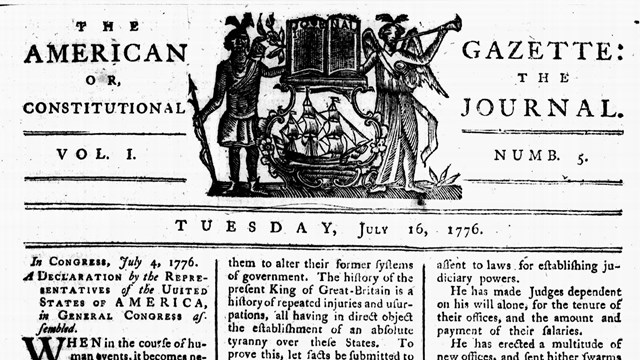 Black and white scan of the front page of an 18th century newspaper.