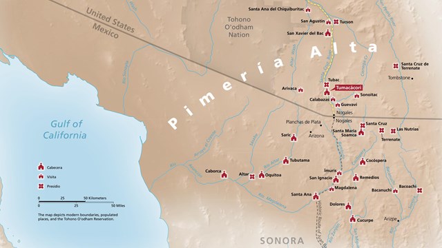map of pimería alta with missions and presidios marked
