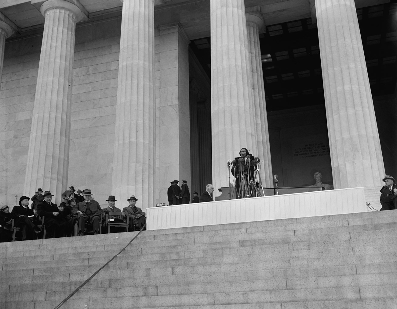 Marian Anderson singing before the statue of Abraham Lincoln at the Lincoln Memorial in Washington DC