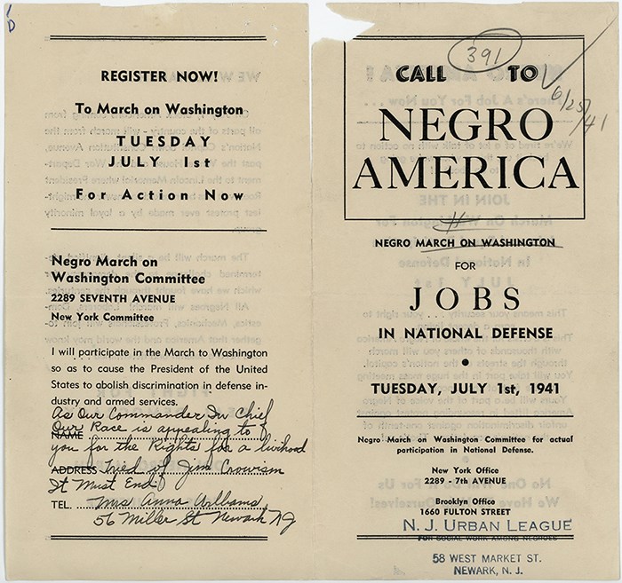 A flyer announcing the Negro March on Washington planned for July 1, 1941.