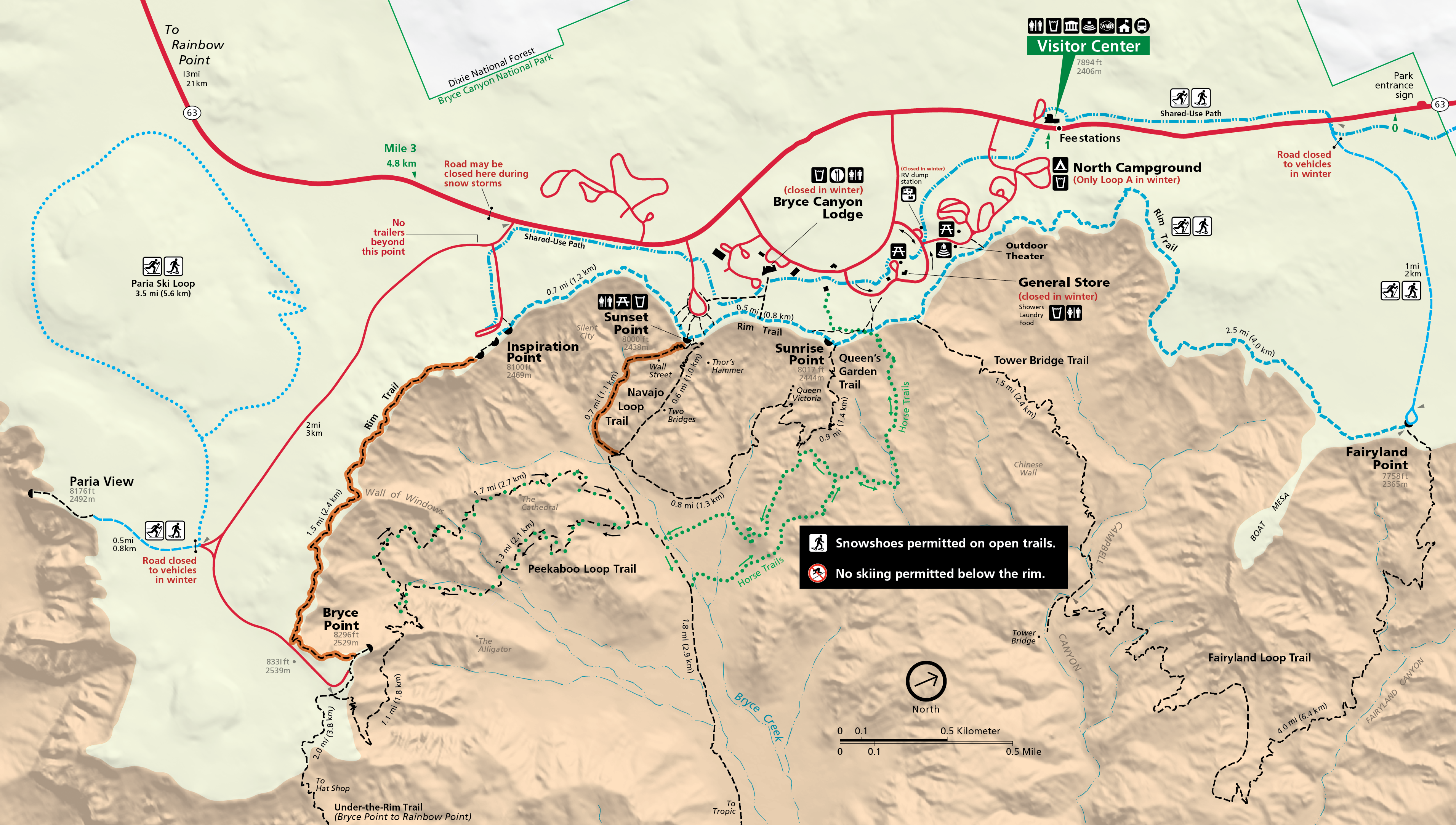 A map of snow shoeing and skiing trails in Bryce Canyon.