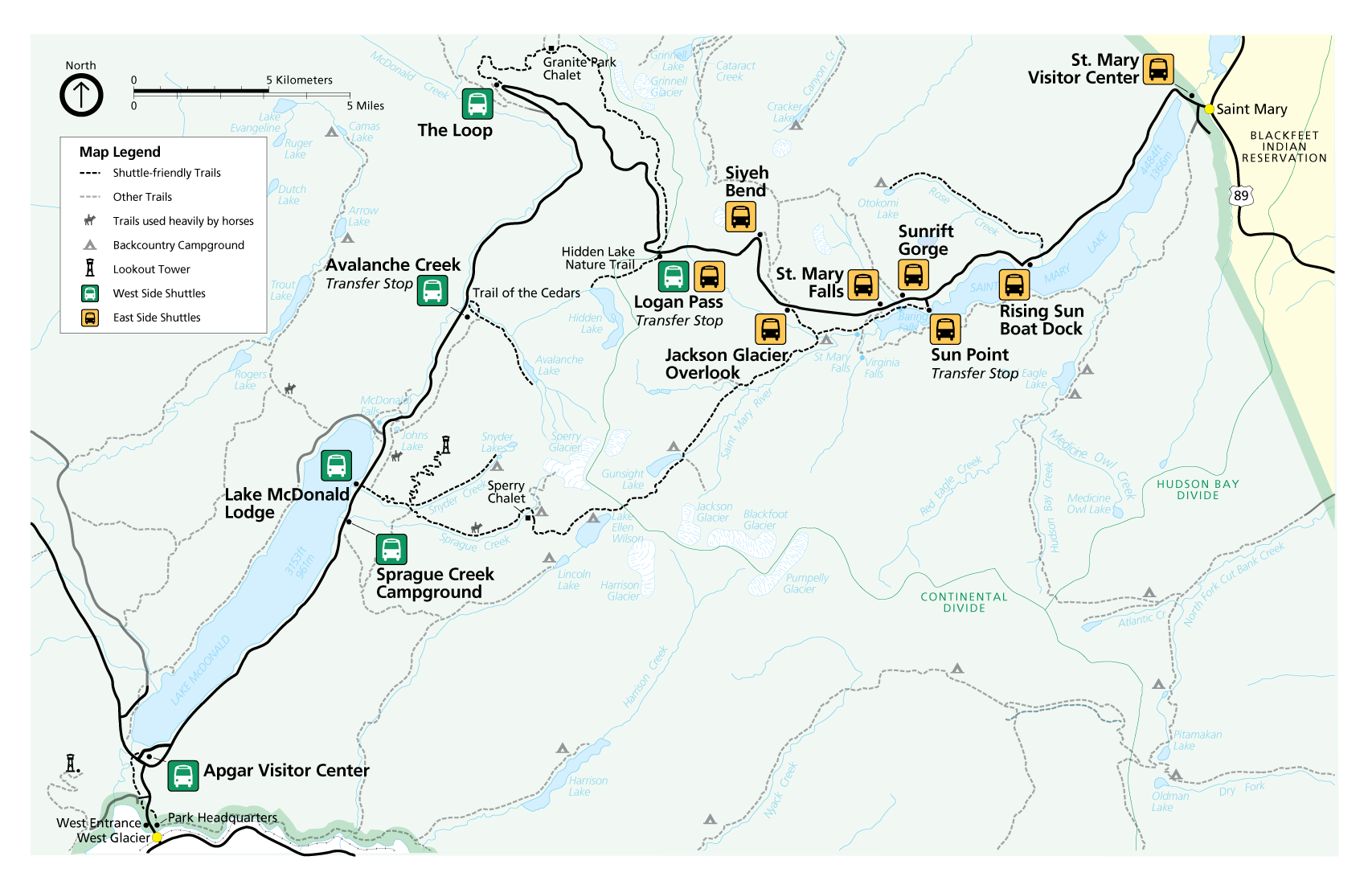 Map shows shuttle stops along the Going-to-the-Sun Road. Shuttle stops on the west side are shown in green. Shuttle stops for the east side are shown in yellow.
