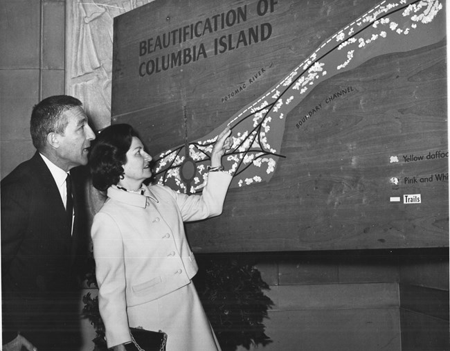 Lady Bird Johnson and Stewart Udall view a sign with a schematic planting plan, showing roads and plantings for Columbia Island.
