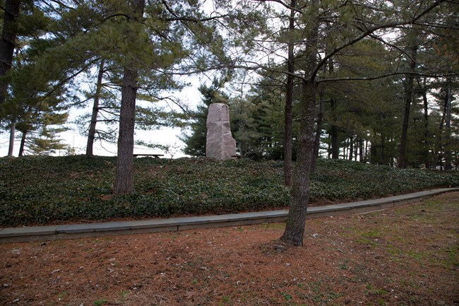 A stone sculpture stands on a slope in a grove of white pine trees