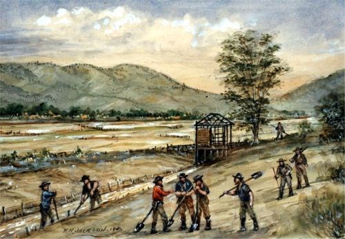 A watercolor painting of men digging with shovels near a small stream.