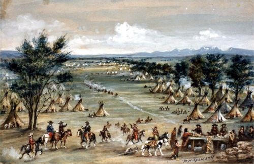 A watercolor painting of many teepees and groups of people in a valley.