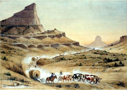 A watercolor painting depicts ox-drawn wagons passing through a gap between sandstone bluffs.