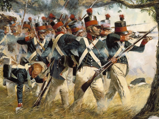 Battle of North Point, a National Guard Heritage Painting by Don Troiani Row of soldiers fire muskets out from line of trees