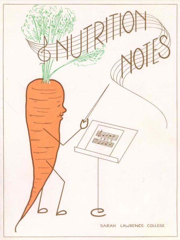 Cover of the “Nutrition Notes” collection of songs promoting healthy eating. Published by students at Sarah Lawrence College, 1943. Oregon State Archives, Defense Council Records, Folder 14, Box 30. An illustration of a carrot with hands, face, and feet waving a conductor’s baton. There is sheet music on the music stand in front of the carrot.