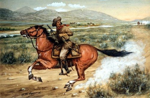 A watercolor painting of a man on horseback.