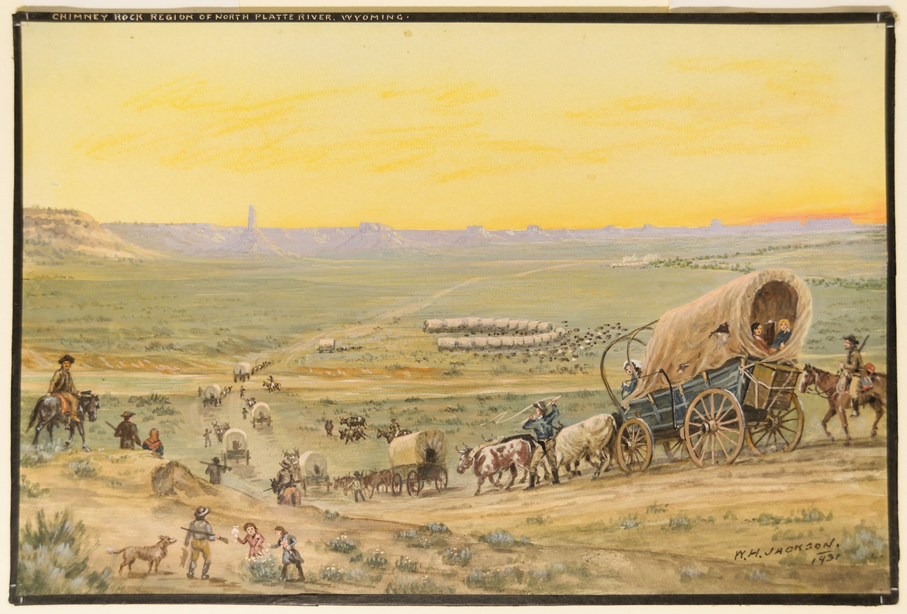 A watercolor painting of a wagon train approaching a distinctive sandstone spire.