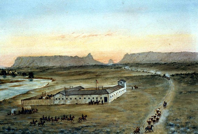 A watercolor painting depicts a stockade military post with sandstone bluffs in the background.