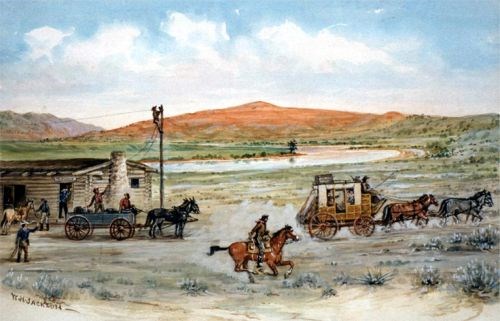 A watercolor painting depicts a telegraph line being strung with a Pony Express rider in the foreground.