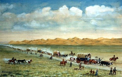 A watercolor painting of oxen-drawn wagons and rolling sandhills.