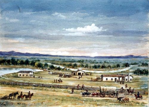 A watercolor painting of several buildings and people, some on horseback.