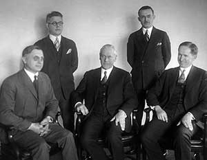 Mather and his staff, 1927 or 1928. L to R: Arno B. Cammerer, Arthur E. Demaray, Stephen T. Mather, George A. Moskey, and Horace M. Albright. All but Moskey were later NPS directors.