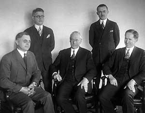Mather and his staff, 1927 or 1928. L to R: Arno B. Cammerer, Arthur E. Demaray, Stephen T. Mather, George A. Moskey, and Horace M. Albright. All but Moskey were later NPS directors. Mather and his staff, 1927 or 1928. L to R: Arno B. Cammerer, Arthur E. Demaray, Stephen T. Mather, George A. Moskey, and Horace M. Albright. All but Moskey were later NPS directors.