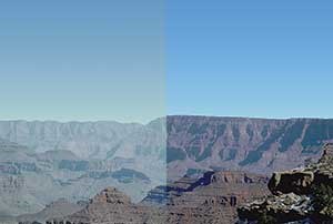 Simulation of 20% haziest days in 1990 (left) and 20% cleanest days in 2015 (right) from Hopi Point to Desert View, Grand Canyon National Park.