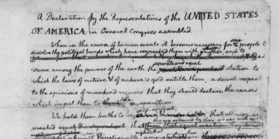 Black and white image of Jefferson's rough draft of the Declaration of Independence, showing numerous handwritten changes.