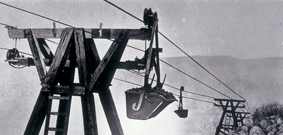 Loaded ore bucket on aerial tramway, 1919