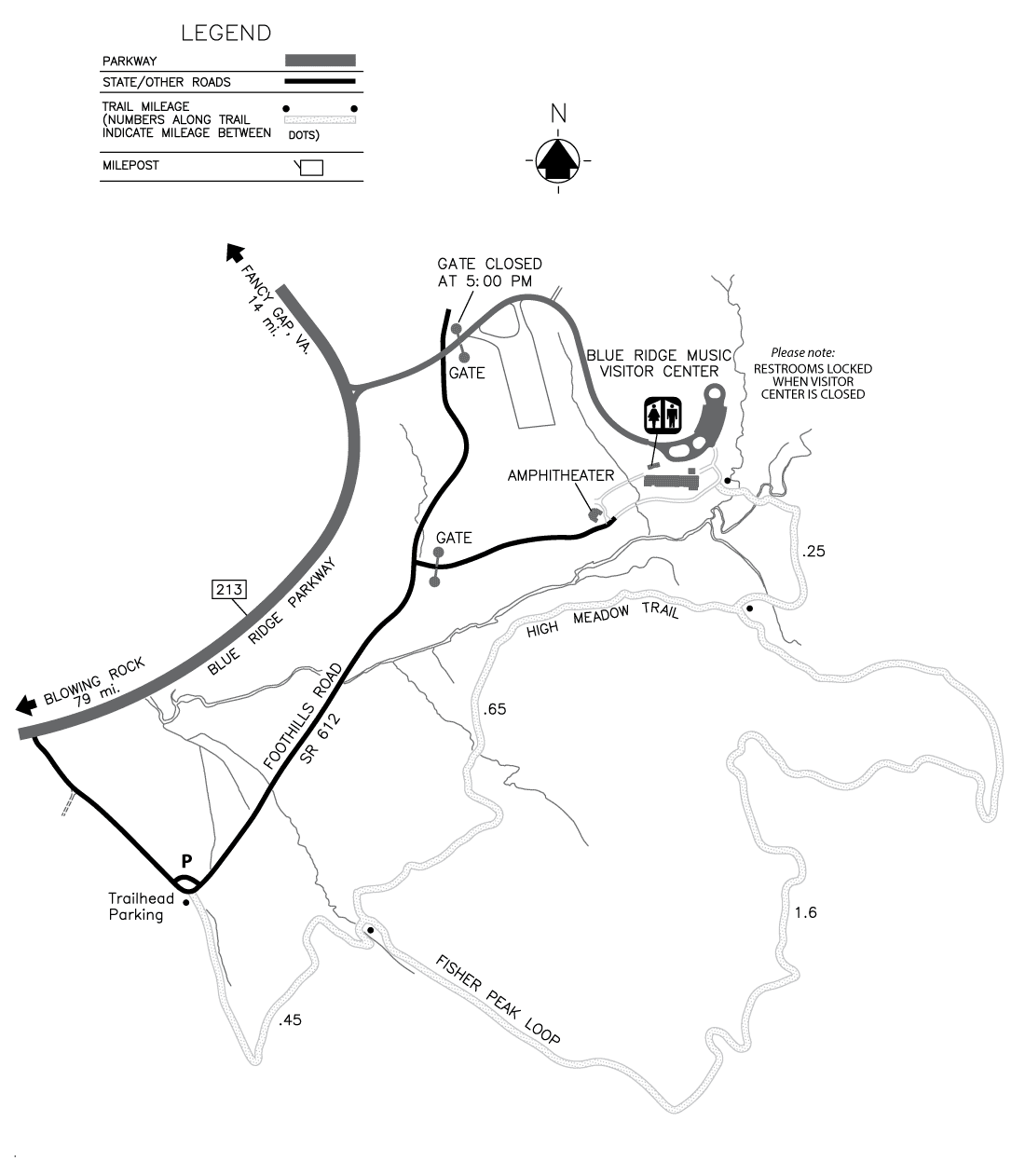 map of hiking trails near the Blue Ridge Music Center