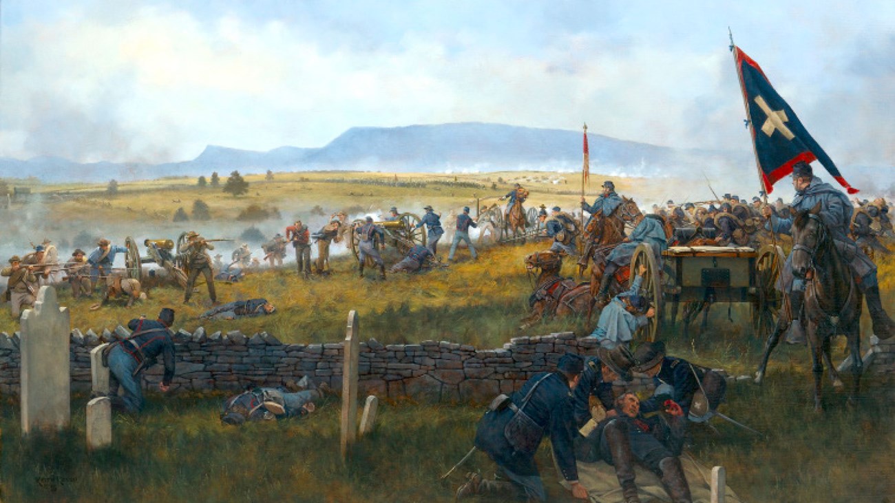 A full color painting illustrates a Civil War battle with artillery, cavalrymen, and foot soldiers.