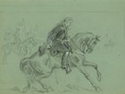 A pencil sketch on green paper shows a cavalry officer bowing his horse in respect.