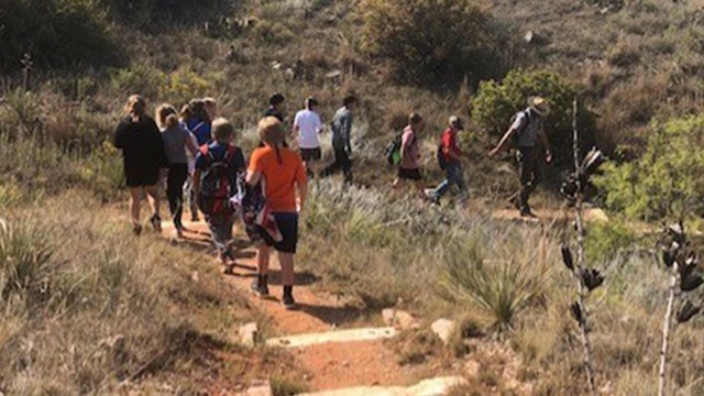 Students follow a Park Ranger on the Quarries Trail.
