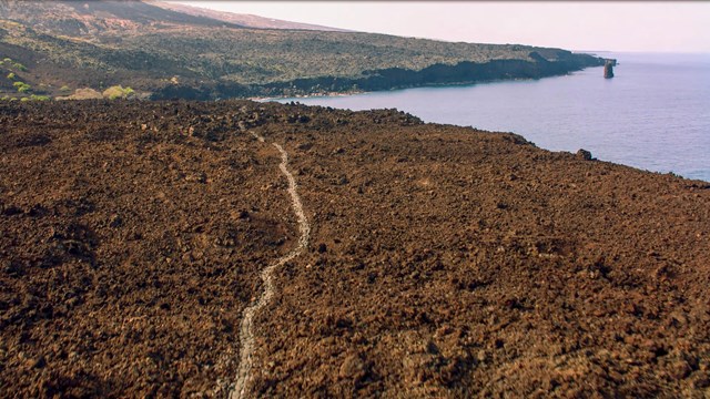 Aerial view of stepping stone trail along the Hawaiian coast