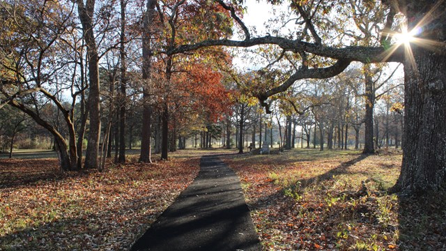 Sun shines on paved path toward a monument in the fall