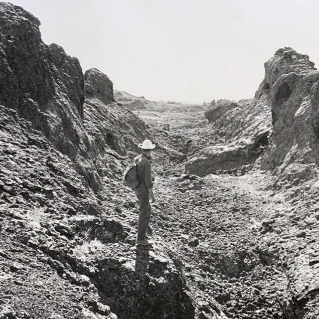 Man looks out on lava landscape. 