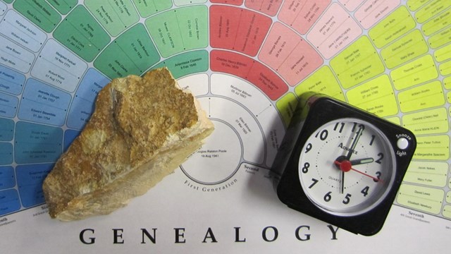Genealogy chart with a piece of volcanic tuff and a clock on top of it.
