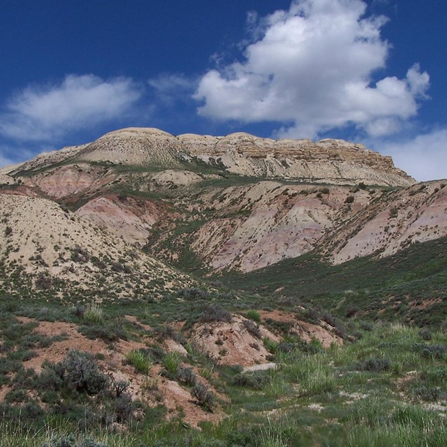 A tan ridge with green vegetation on the sides, a bright blue sky with fluffy clouds above.