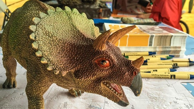 a toy dinosaur in front of National Fossil Day materials