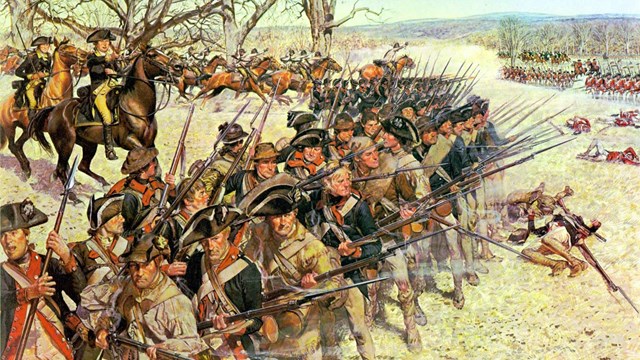 Illustration of the American Third Line soldiers at Battle of Guilford Courthouse facing British