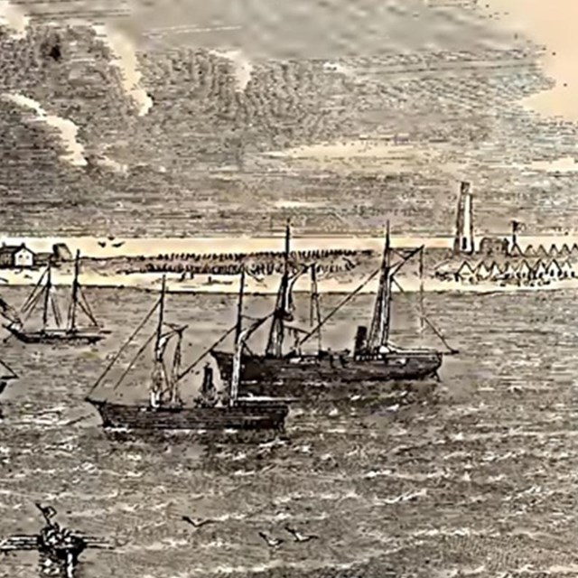 Wood etching of naval vessels off the coast of a barrier island.