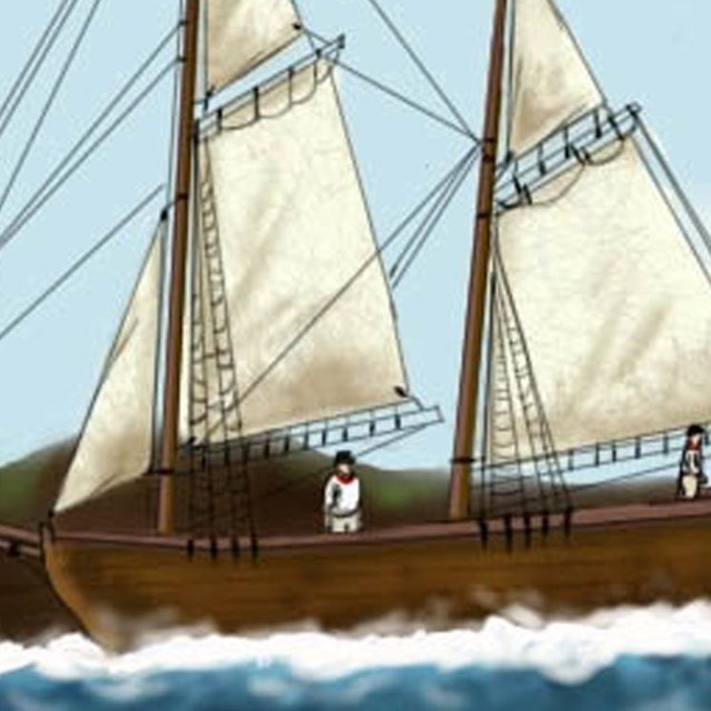 Drawing of two-masted boat in ocean.