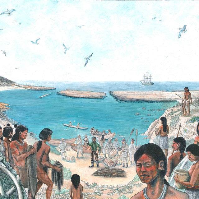 Native American Indians in village by the coast. 