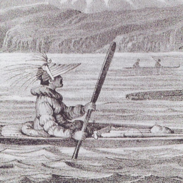Unalashka Natives with Their Canoes, 1827. F.H. von Kittlitz in Litke’s Atlas to Voyage.