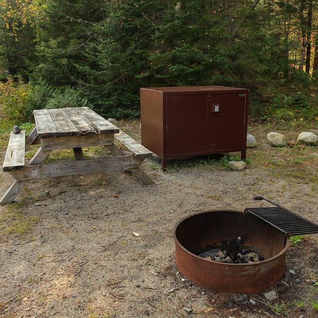 A campsite with a picnic table, brown metal storage box, and metal fire ring.
