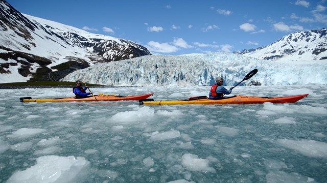 Exit Glacier and outwash plain with pieces of ice over the rocks.