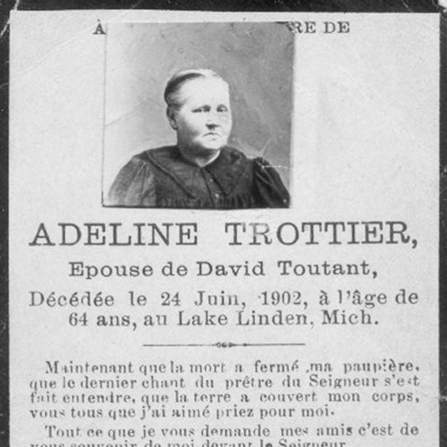 The death notice that was published for Adeline Trottier Toutant after her death.
