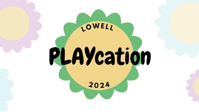 A stylized flower with Lowell PLAYcation 2024 written