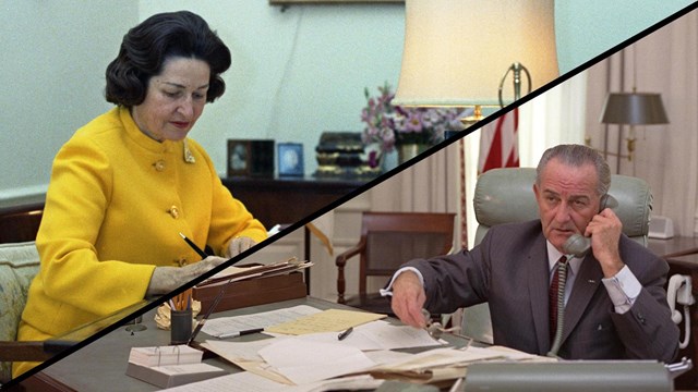 A spliced photo shows Lady Bird Johnson working at her desk and Lyndon Johnson on desk phone.