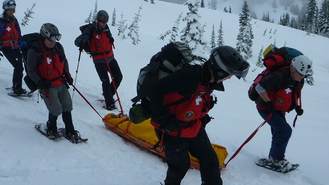 A group of people wearing red ski jackets and snow shoes pull a litter across a snowy slope. 