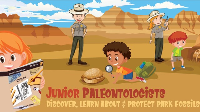 Illustration of kids and rangers looking at fossils in a desert or a Junior Ranger book