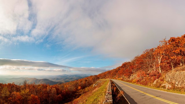 Mountain road lined with fall foliage and views of the valley