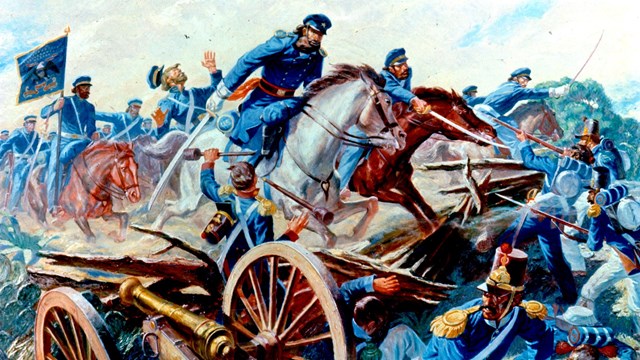 Color painting of U.S. soldiers on horseback attacking Mexican soldiers.