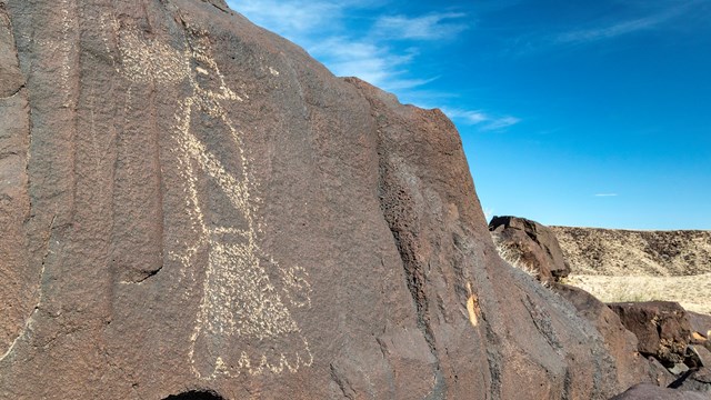 Petroglyph of a bird on a dark boulder in a volcanic landscape.