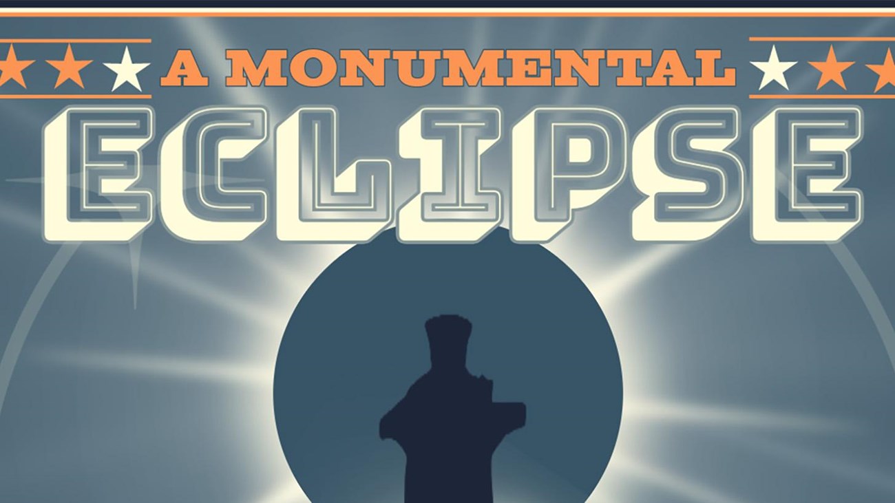 Simulated solar eclipse behind silhouette of tall stone memorial column. Text reads April 8th 
